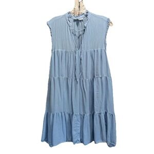 And Now This Blue Tiered Lined Ruffle Straps Midi Dress Size S Tie Neck Oversize